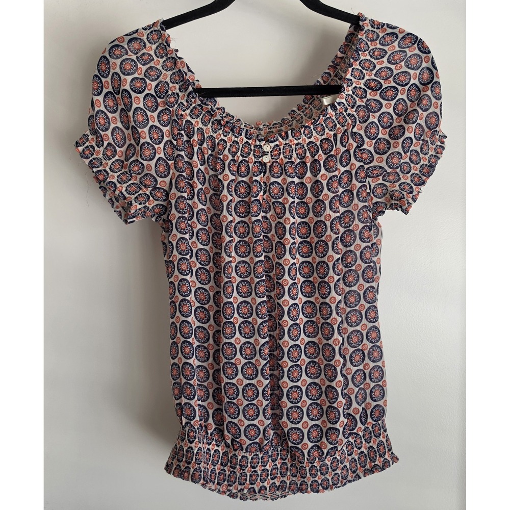 Joe Fresh Blouse Women M Geometric Collared Short Sleeve Multicolor Top Shirt